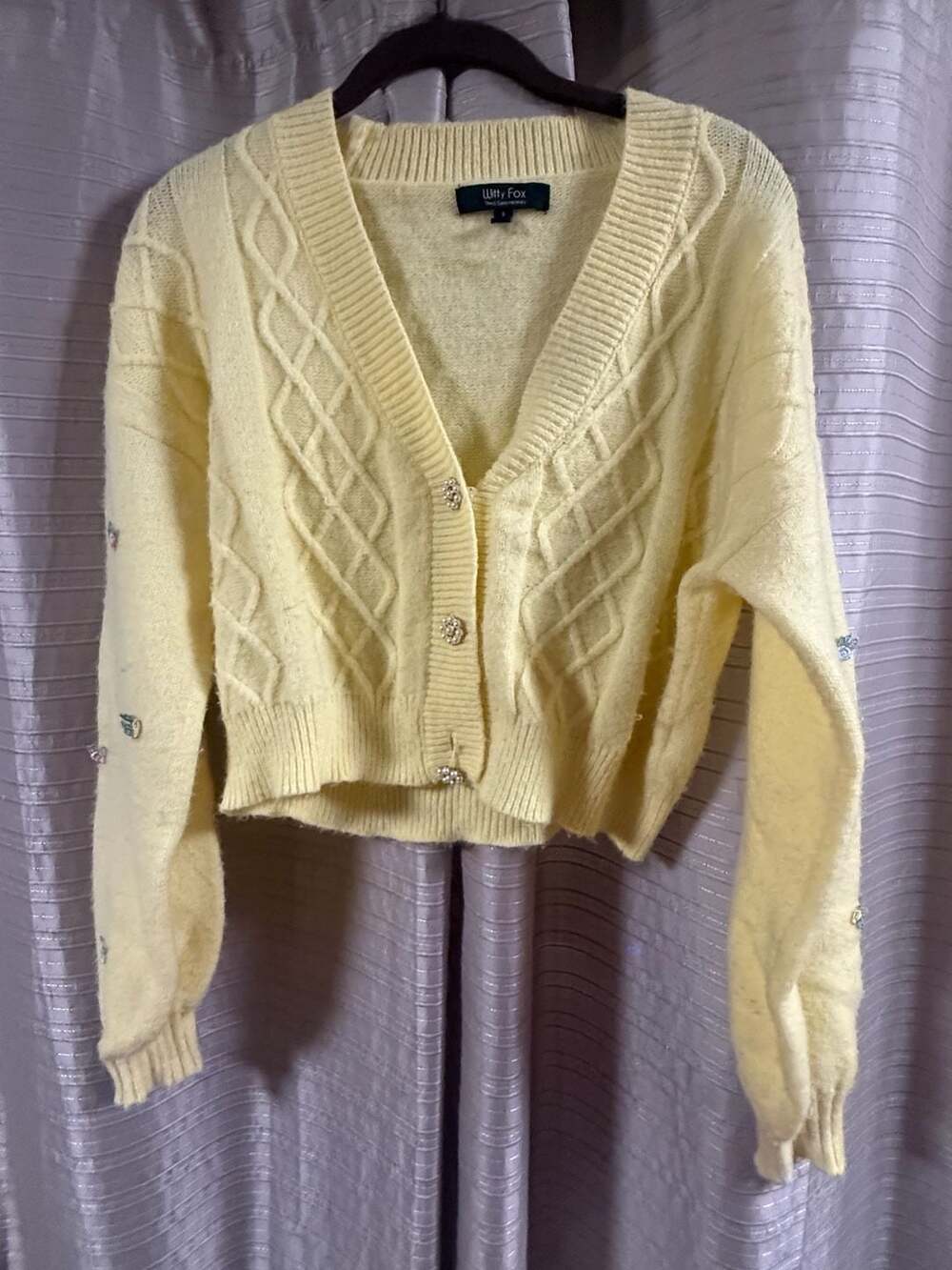 Witty Fox Yellow Cable Knit Cropped Cardigan with Floral Embellishments